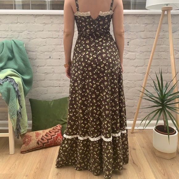 🇬🇧 Vintage Peasant Maxi Dress Bohemian Floral XS gypsy queen 60s 70s Brown - Picture 9 of 10